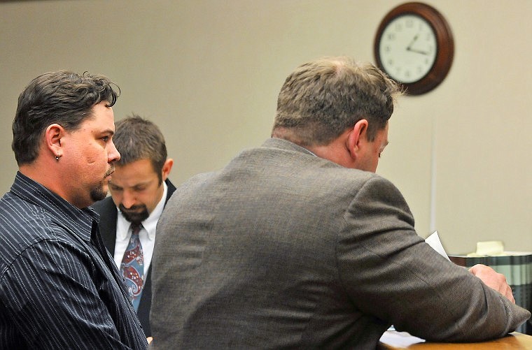 Nathan Hale, left, appeared in Flathead County Justice Court Tuesday afternoon with attorney Scott Hilderman and prosecutor Travis Ahner. Hale, 31, is charged with serving alcohol after hours to Travis Vandersloot at Pick&#146;s Bowling Center near Bigfork last year. Vandersloot later crashed his vehicle into Montana Highway Patrol Trooper Michael Haynes&#146; patrol car on U.S. 93. Both men died.