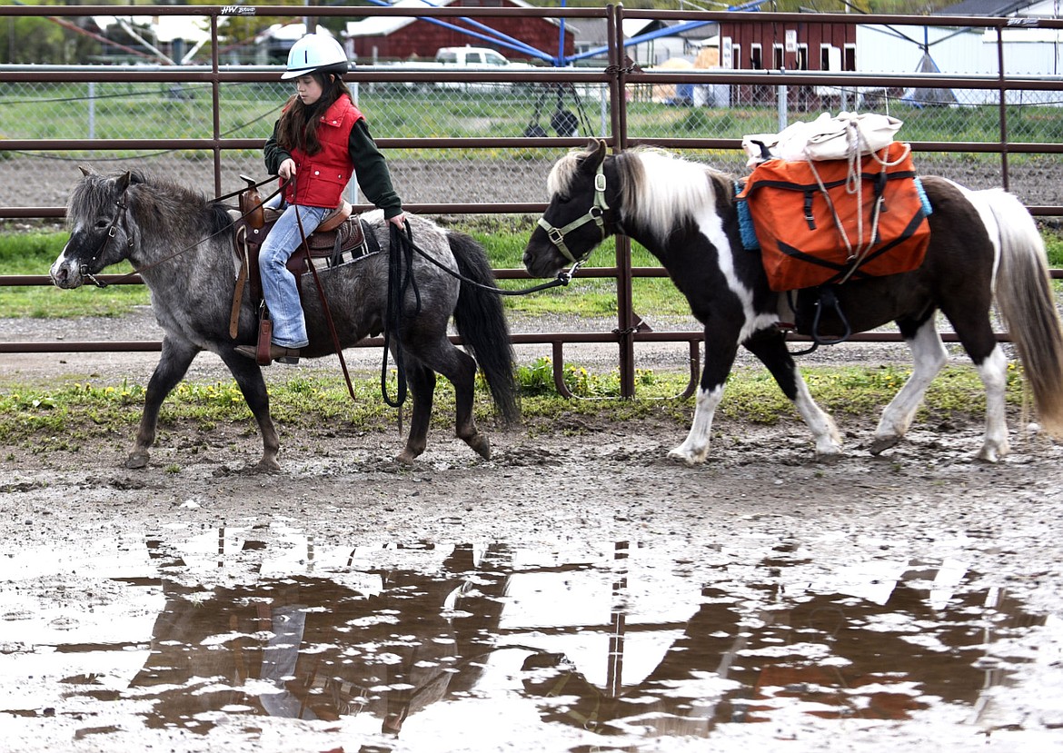 <p>Anna Tretter rides her pony Tilly while leading Buck around the arena during the Northwest Montana Backcountry Horsemen 4-H packing clinic at the Flathead County Fairgrounds Saturday. (Aaric Bryan/Daily Inter Lake)</p>