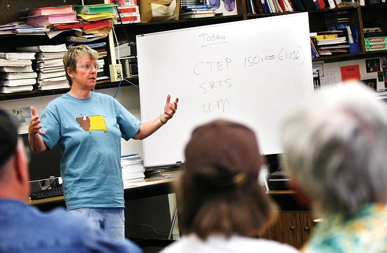 Arlee Community Development Corporation group member Mary Stranahan gives a presentation on April 20 on the Jocko Valley trail system at Arlee High School. She said that five University of Michigan graduate students will begin helping in the planning and designing of the trail system May 10.