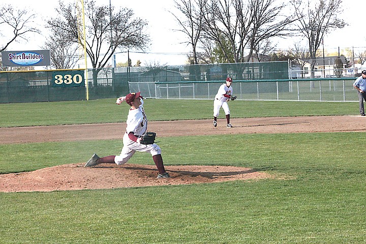 Moses Lake High School pitcher Mitch Yada fires away during his Chiefs' doubleheader against Eisenhower at Larson Field on Tuesday.