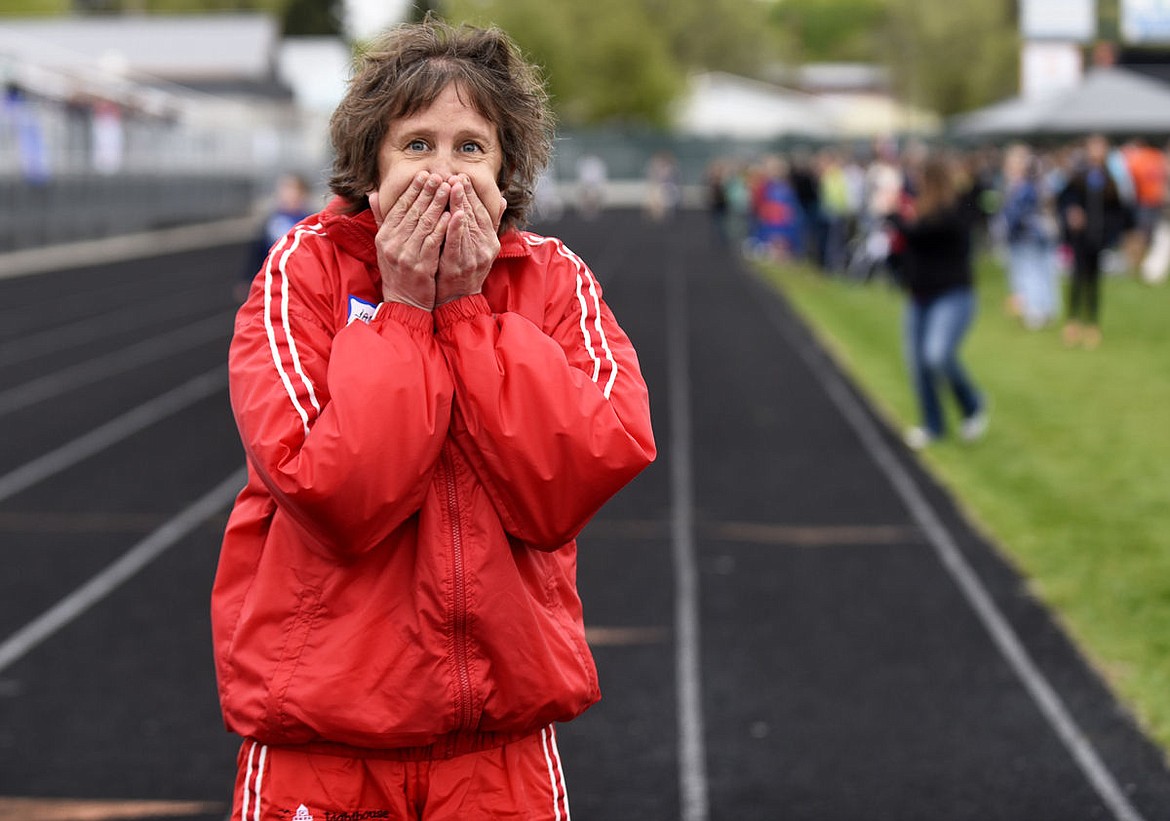 <p>Lighthouse Eagles' Jamey Herron reacts after finishing the 100-meter walk during the Special Olympics Montana Glacier Area Games at Legends Stadium on Friday. (Aaric Bryan/Daily Inter Lake)</p>