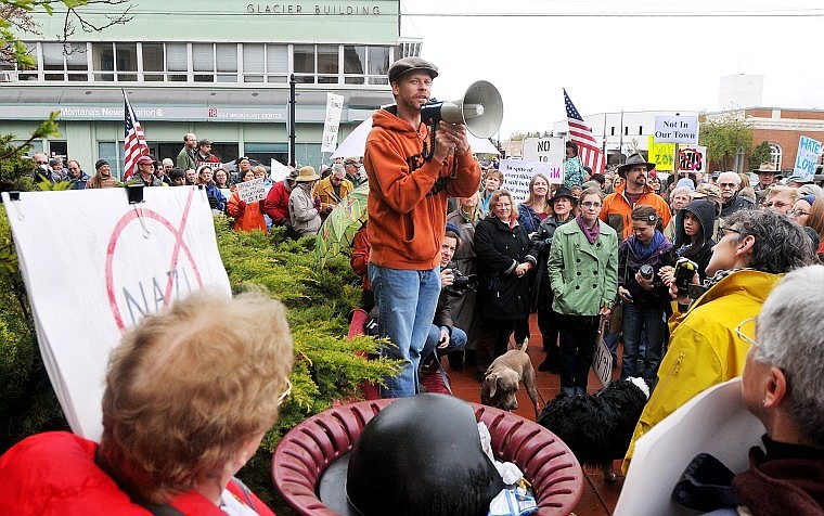 The Rev. Darryl Kistler, pastor of Community Congregational Church of Kalispell, speaks to a rally of people who gathered outside the Flathead County Library in Kalispell to protest the showing of the film, &#147;Epic: The Story of the Waffen SS.&#148; The event was run by a group called Kalispell Pioneer Little Europe.