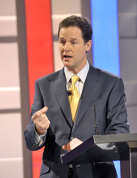 &lt;p&gt;Nick Clegg of Britain's Liberal Democrats makes a point at a first ever live televised political debate between party leaders Britain's Labour party leader Gordon Brown and Conservative leader David Cameron, unseen, broadcast to the nation, from TV studios in Manchester, England, Thursday April 15, 2010. Pollsters predict that about half of the British electorate, some 20 million people, plan to watch the televised debate between the leaders of the three main political parties Thursday, ahead of the British General Election on May 6, 2010.(AP Photo / Rob Evans)&lt;/p&gt;