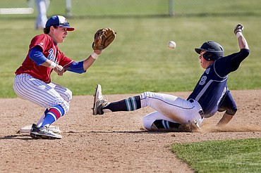 <p>JAKE PARRISH/Press Lake City's Jarred Hall slides into second on a steal as Coeur d'Alene senior Jonny Plum attempts to tag him out, unsuccessfully, on Monday at Coeur d'Alene High School.</p>