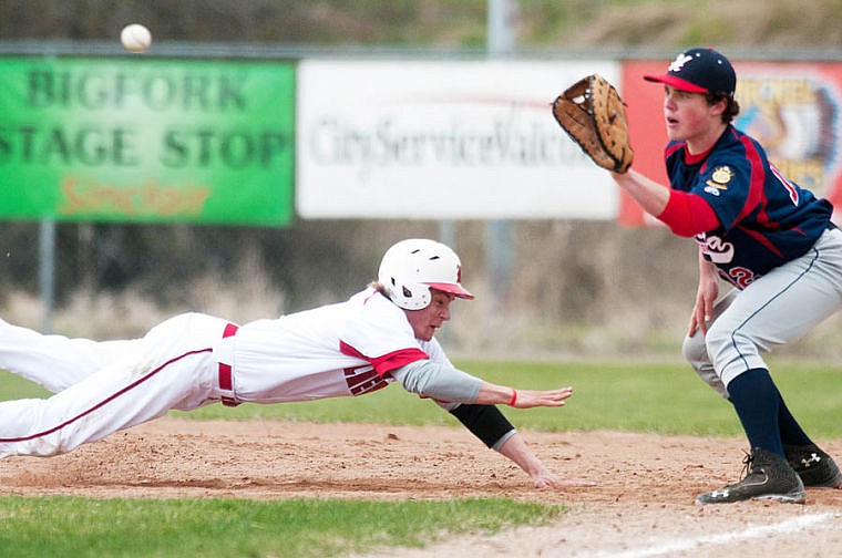 &lt;p&gt;Kalispell's Brett Thomas (left) dives back to first base to avoid a pickoff attempt Saturday afternoon during the Lakers loss to Helena at Griffin Field. May 3, 2014 in Kalispell, Montana. (Patrick Cote/Daily Inter Lake)&lt;/p&gt;