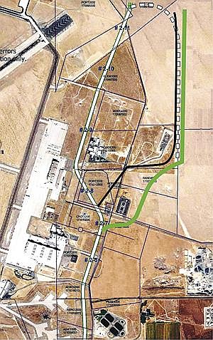Courtesy map<br> An aerial map shows the planned Segment 2 rail line and alternative rail spurs to the SGL-BMW facility site.