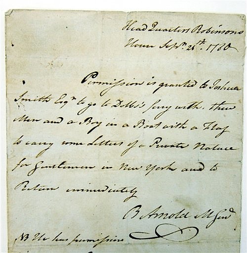 &lt;p&gt;This Aug. 19, 2005 file photo taken in the New York State Archives in Albany, N.Y., shows a handwritten pass dated Sept. 21, 1780 that Major General Benedict Arnold scrawled for Joshua Smith. While most Americans know Arnold as the man who betrayed his nation by trying to turn over the American fortifications at West Point to the British, then joining the redcoats when the plot was uncovered, his heroic actions at the Revolutionary War's Battles of Saratoga are detailed in a new exhibit opening Thursday, May 10, 2012 at Saratoga National Historical Park. (AP Photo/Jim McKnight, File)&lt;/p&gt;