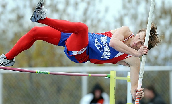Bigfork's Travis Knoll competes in the pole vaulting event at the Archie Roe Track Meet on Saturday in Kalispell.