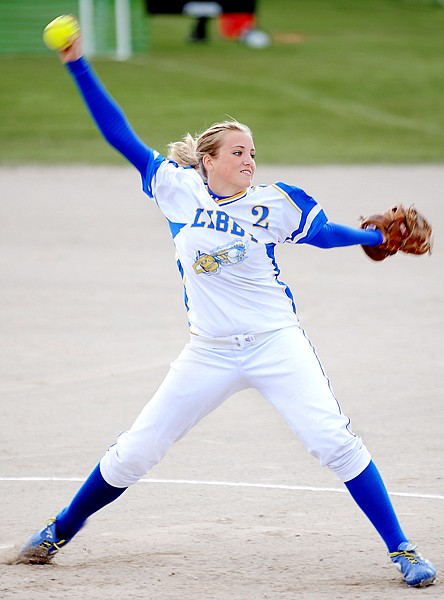 Libby junior Stacey Oedewaldt (2) pitches during a nonconference game against Flathead High School on Tuesday in Kalispell.