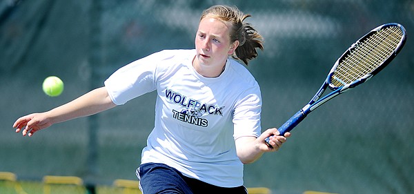 Glacier&#146;s Cami Mathison makes a return during the Northern AA divisional doubles final on Friday at the Flathead Valley Community College courts.