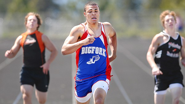 Bigfork&#146;s Keenan Evans wins the boys 200 with a record time of 22.31 on Saturday at the District 7B track meet in Bigfork.