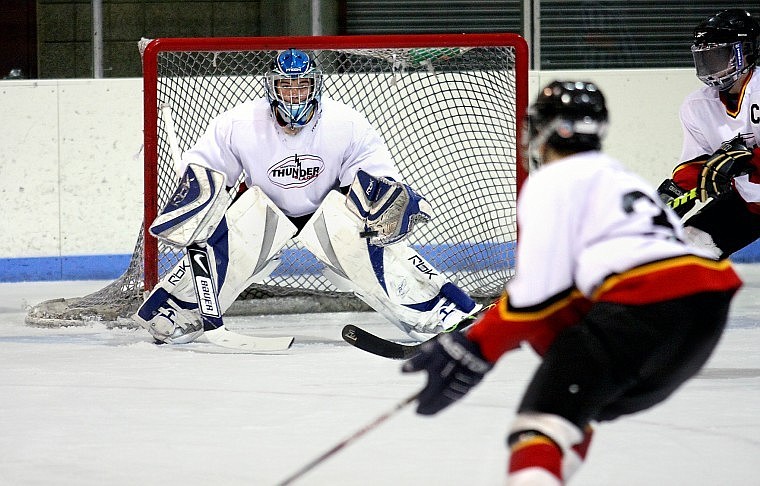 Tyler Hulslander of Kalispell played goalie for the National Champion Montana Thunderblades all season and was in goal for the title game, which Montana won 5-4 on April 11.