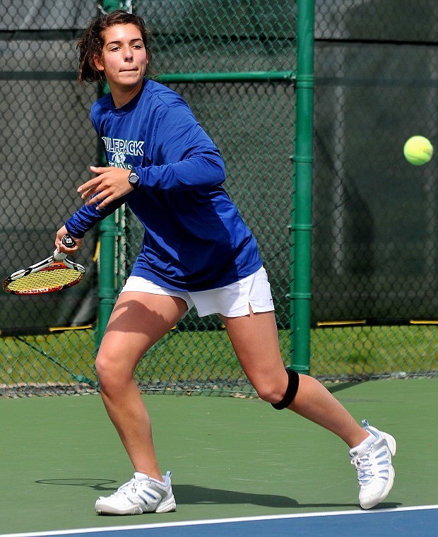 Liana Bates readies herself to return a ball during a crosstown match against Flathead High at FVCC on May 6.