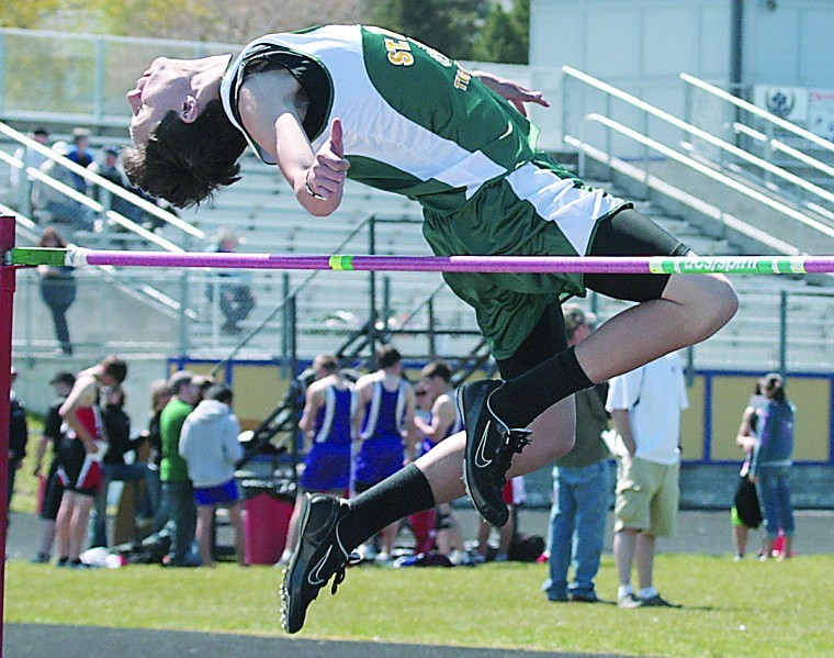 Thomas Spencer clears the high jump at the District Track Meet in Polson.