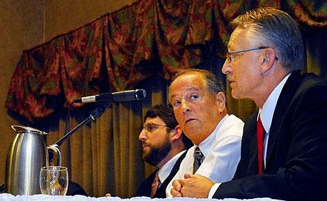 Flathead County commissioner candidates, from left, Steve Qunell, Jim Dupont and Gary Hall, answer questions during a forum Tuesday sponsored by the Daily Inter Lake and the Kalispell Chamber. Garrett Cheen/Daily Inter Lake