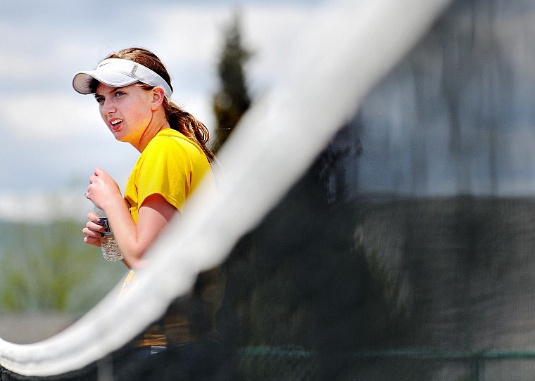 Libby&#146;s Jackie Mee takes a break between sets during the Western A divisional singles championship match on Friday at Flathead Valley Community College. Mee went on to win her fourth-straight divisional championship.