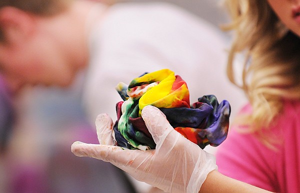 Detail of a tie-dye shirt created by students in Lynette Johnson's Organic Chemistry class on Friday at Flathead High School. The annual experiment is run to examine the reaction that occurs between the dye and the cotton. This year students purchased extra shirts which will be donated to children in the Haiti Mercy Mission Orphanage.