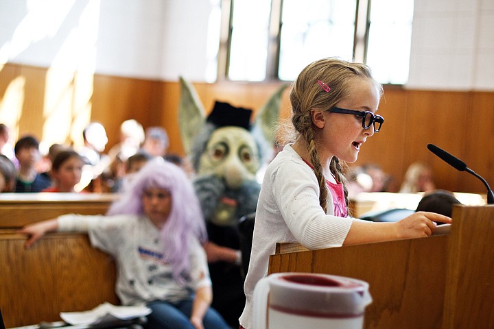 &lt;p&gt;SHAWN GUST/Press Third-grader Taylor McKenzie makes closing statements Friday during Skyway Elementary's &quot;Fairy Tale Trial&quot; based on &quot;The Three Billy Goat's Gruff&quot; in a Kootenai County courthouse. The program, in its 17th year, is a way to teach students about the judicial system.&lt;/p&gt;