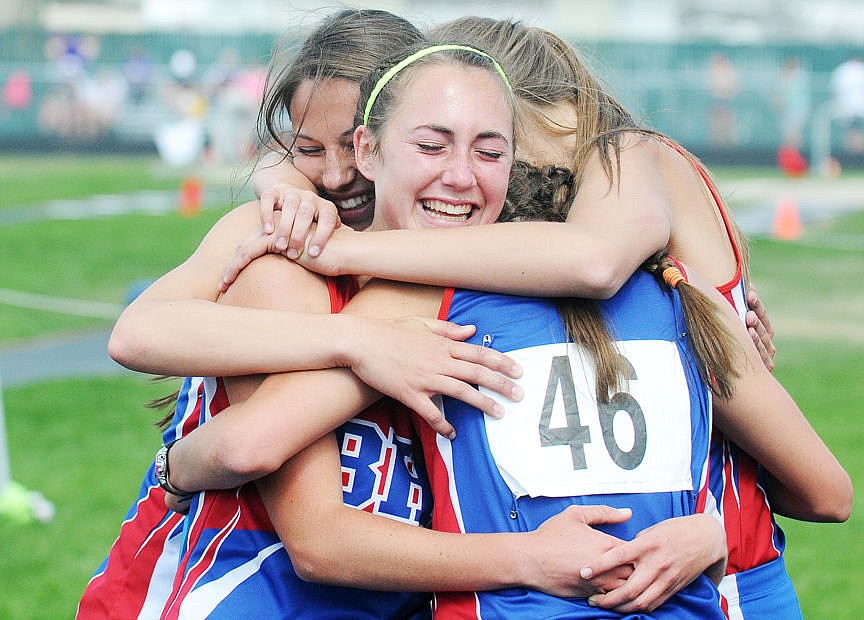 &lt;p&gt;The Bigfork 1,600-meter relay team celebrates their record-breaking win during the Class B state track and field championship at Legends Stadium on Saturday. (Aaric Bryan/Daily Inter Lake)&lt;/p&gt;