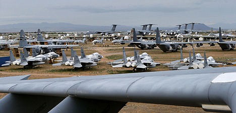 &lt;p&gt;Various military aircraft, including F-15's, C-130's and F-4's are arranged behind the wing of a Lockheed C-5 Galaxy Cargo Jet at the 309th Aerospace Maintenance and Regeneration Group boneyard at Davis-Monthan Air Force Base in Tucson, Ariz. With a wingspan over 222 feet, the C-5A Galaxy the largest aircraft in the U.S. armed services.&#160;&lt;/p&gt;