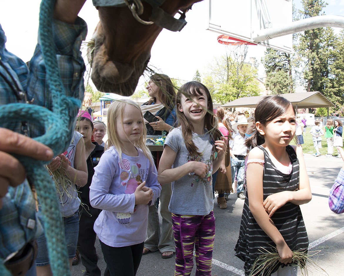 &lt;p&gt;From left to right, Nell Hutchins, Eleanor Moss and Irelynd Ford wait to pet Betty the horse at Sorensen Elementary School.&lt;/p&gt;