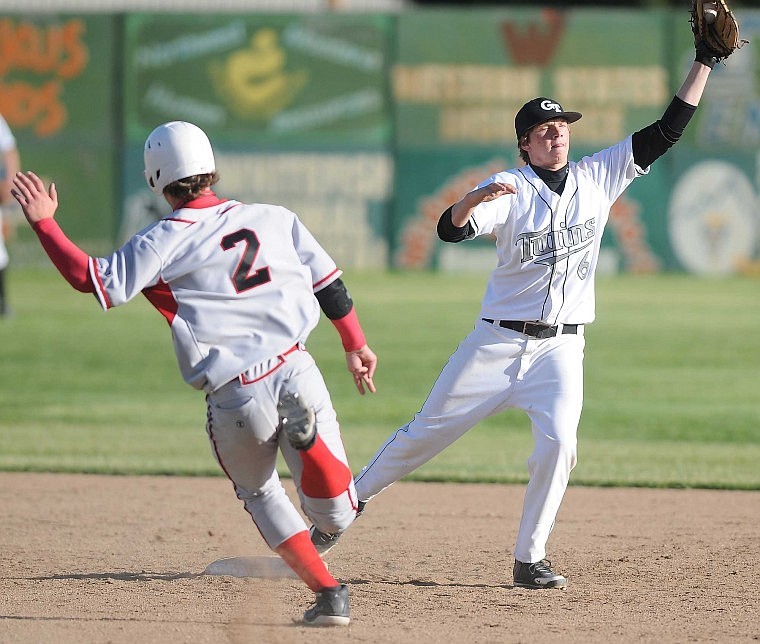 Glacier's Wade Martinson reaches off the bag to make a catch during the Twins game with the Kalispell Lakers on Tuesday.