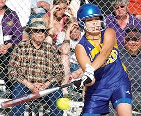 Mike Cast/Lake County Leader Alysha Martin connects in Saturday’s 10-5 to Polson. The high-flying Pirates persevered a couple of Libby threats before pulling away late.