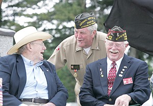 &lt;p&gt;Former Montana Senator Conrad Burns, left, Larry Pitcher and Dean W. House, State Sr. Vice Commander, Montana Veterans of Foreign Wars, share a lighter moment prior to dedicating the Veterans Memorial at Riverfront Park Monday.&lt;/p&gt;