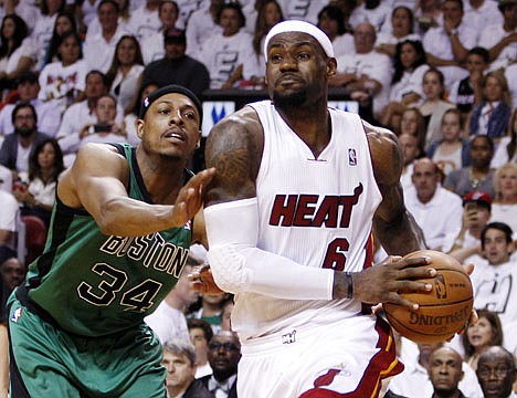 &lt;p&gt;Miami Heat's LeBron James (6) drives to the basket against Boston Celtics' Paul Pierce (34) during the first half of Game 1 in their NBA basketball Eastern Conference finals playoffs series, Monday, May, 28, 2012, in Miami. (AP Photo/Lynne Sladky)&lt;/p&gt;