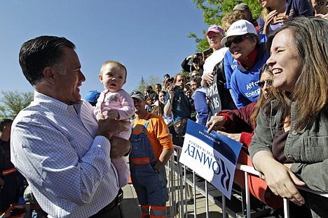 &lt;p&gt;Republican presidential candidate, former Massachusetts Gov. Mitt Romney holds a baby as he greets supporters after speaking at a campaign event, Tuesday, May 29, 2012, in Craig, Colo. (AP Photo/Mary Altaffer)&lt;/p&gt;