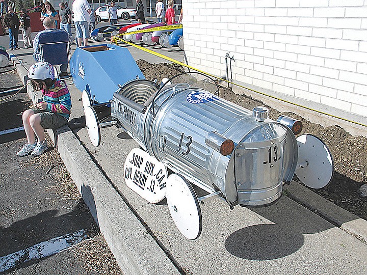 C.W. Forrest's soap box derby car sits near the library before the race.