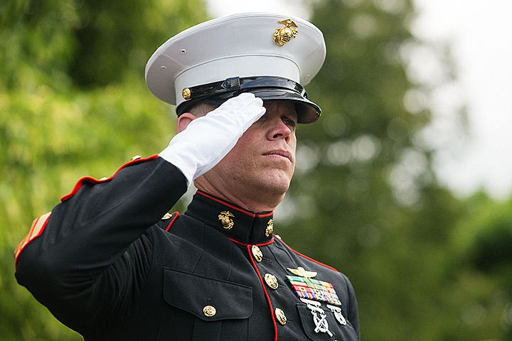 &lt;p&gt;During the presentation of the colors, 1st Sgt. Darren Smiley, with the U.S. Marine Corps, salutes as Memorial Day ceremonies begin Monday at Hayden City Hall.&lt;/p&gt;