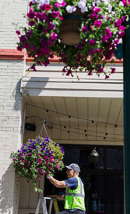 &lt;p&gt;SHAWN GUST/Press&lt;/p&gt;&lt;p&gt;Mark McAllister, a laborer with the Coeur d&#146;Alene Downtown Association, checks a flower basket after hanging it near the Ironhorse Bar and Grill Thursday morning. The baskets are part of an effort by the association to help beautify the downtown area. Donations from downtown businesses and the Downtown Association allow for about 170 baskets to be displayed the Thursday before Memorial Day weekend each year.&lt;/p&gt;