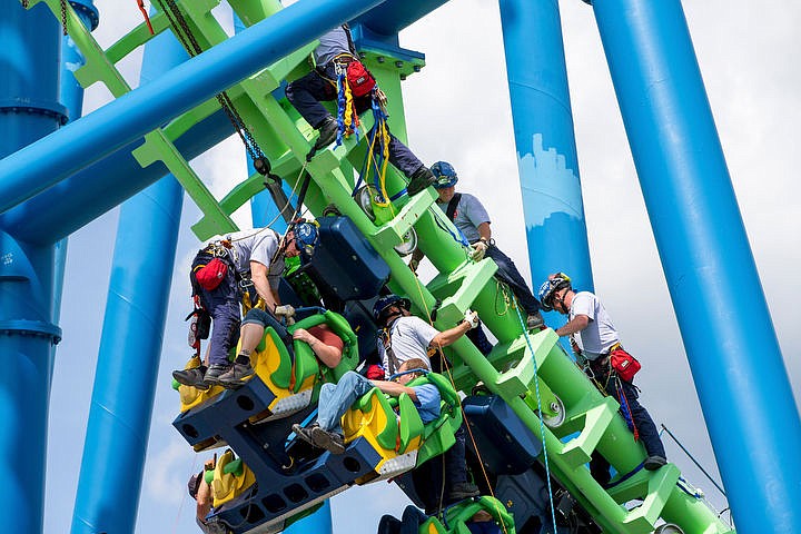 &lt;p&gt;Members of the Idaho Technical Rescue team, Timberlake Fire Protection District and Coeur d'Alene Fire Department work during a training session on Tuesday, May 17, 2016 to rescue Silverwood employees on the Aftershock roller coaster. The rescue groups train yearly with roller coasters, however this was the first year of collaboration between all three.&lt;/p&gt;