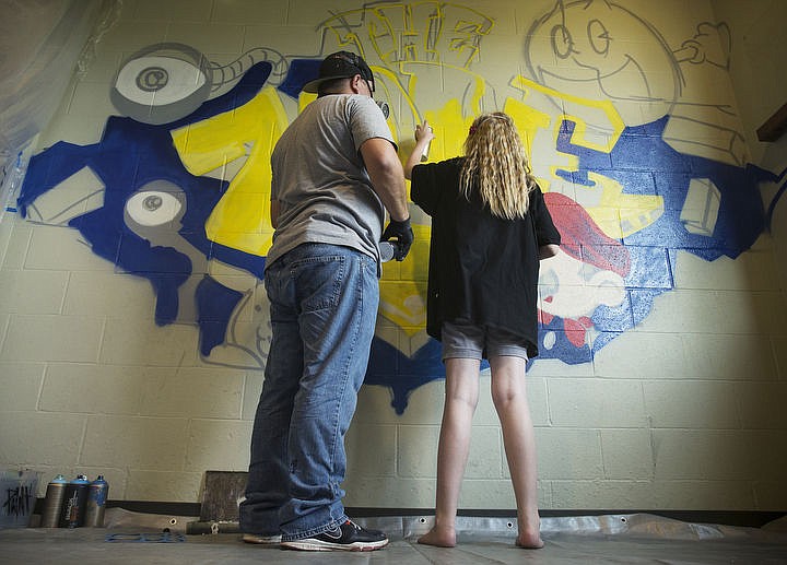 &lt;p&gt;LOREN BENOIT/Press Scott Lakey, of ArtCo Lab, helps Cadence Tuck, right, spray paint &quot;The Zone&quot; Mural section of the &quot;Super Smash Bros.&quot; themed mural on Tuesday, May 17, 2016 at the Kroc Center.&lt;/p&gt;