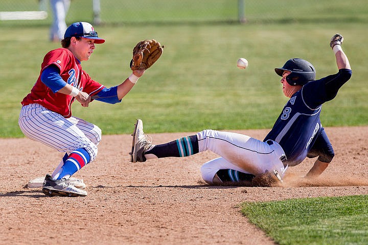 &lt;p&gt;Lake City's Jarred Hall slides into second on a steal as Coeur d'Alene senior Jonny Plum attempts to tag him out, unsuccessfully, on Monday, May 3, 2016 at Coeur d'Alene High School.&lt;/p&gt;