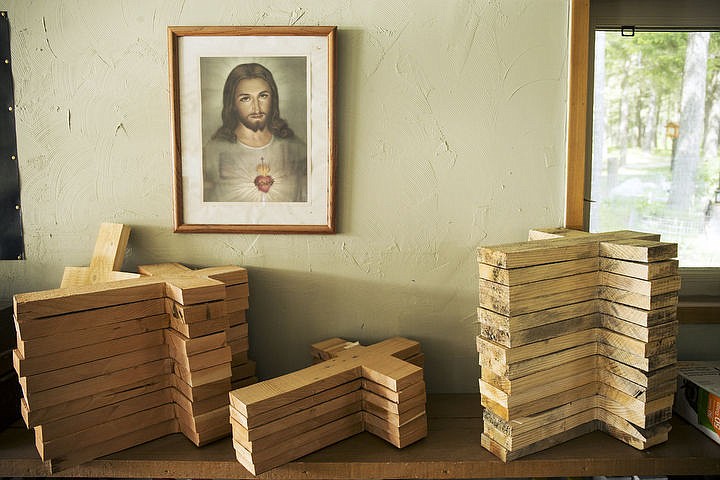 &lt;p&gt;LOREN BENOIT/Press Unfinished crosses rest on one of Tom Goonan's garage shelves prior to sanding on Friday, May 6, 2016. The majority of the 200 crosses gifted are about 20 inches tall and 13 inches across the beam.&lt;/p&gt;