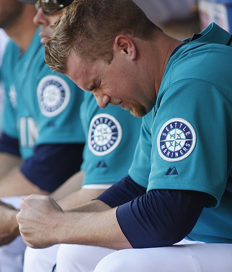 &lt;p&gt;Seattle pitcher Shawn Kelley reacts in the dugout after he was pulled from the game in the sixth inning vs. visiting Los Angeles on Saturday. Kelley gave up three runs in 1/3 innings.&lt;/p&gt;