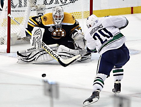 &lt;p&gt;Boston goalie Tim Thomas (30) looks to make a save on a shot by Vancouver left wing Christopher Higgins (20) in the third period during Game 4 of Stanley Cup finals Wednesday in Boston.&lt;/p&gt;