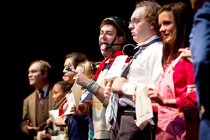 &lt;p&gt;Matthew Wade's character, Leaf Coneybear, has a helmet strap malfunction while standing next to his fellow spelling bee contestants.&lt;/p&gt;