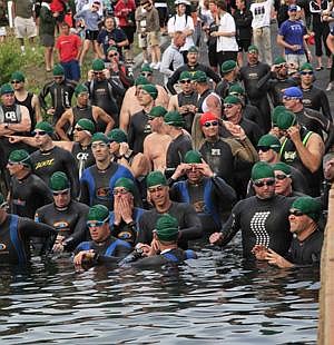 Bill Epoch/Panorama Plus Photography<br> Participants line up at Blue Heron Park in Moses Lake at the start of the Family Triathlon Saturday morning.