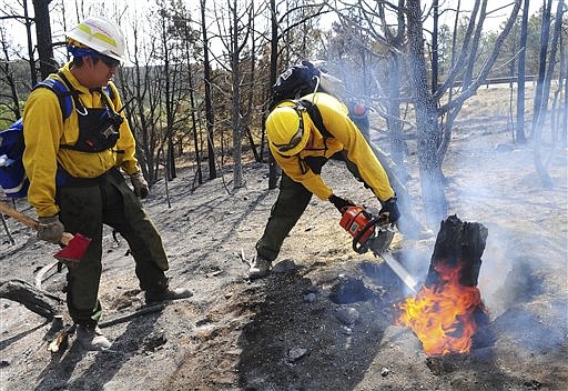 &lt;p&gt;Arizona's Hopi 5 Hotshot Ian Nuvamsa, at left, watches as teammate Peterson Hubbard, cuts a burning stump while battling the Little Bear fire near Ruidoso, N.M., on Monday June 11, 2012. (AP Photo/Albuquerque Journal, Adolphe Pierre-Louis)&lt;/p&gt;