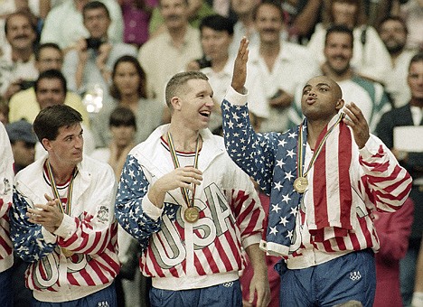 &lt;p&gt;JOHN GAPS III/Associated Press From left, the USA's John Stockton, Chris Mullin and Charles Barkley rejoice with their gold medals after beating Croatia 117-85 on Aug. 8, 1992, at the Summer Olympics in Barcelona.&lt;/p&gt;