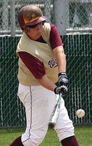 Zane Bator belts a double to the fence during the Walleyes first game loss to Walla Walla Saturday. Bator hit 4 of 4, including a two run homer over the left field fence in the first game of the doubleheader. The Walleyes lost first game 3-5 and won the second 8-0.<br>Pam Robel/Columbia Basin Herald
