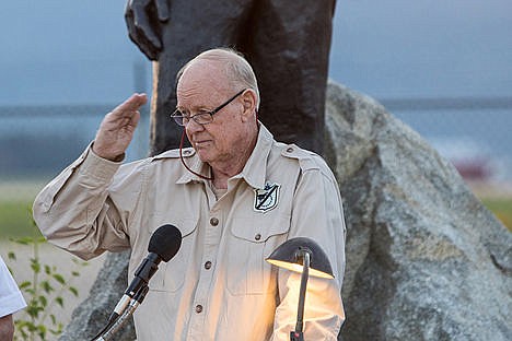 &lt;p&gt;Gregory Boyington Jr. salutes the members of Marine Corps League Detachment 966 after the dedication of his father's statue on Saturday evening.&lt;/p&gt;