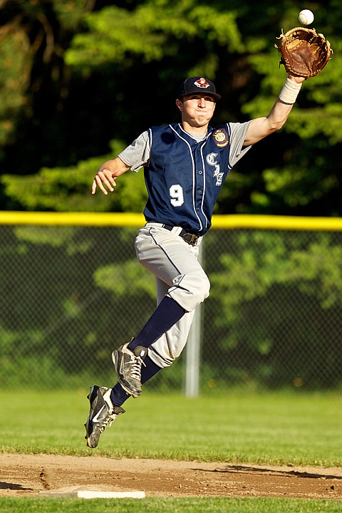 <p>Coeur d'Alene Lumbermen's shortstop Mitch Bevacqua goes airborne to make a catch.</p>