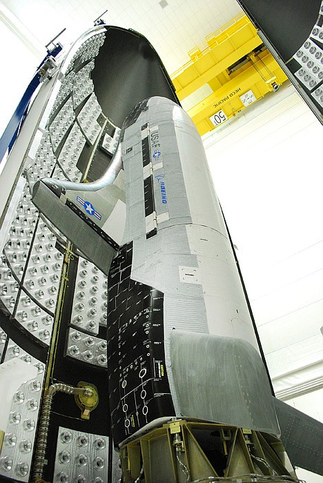 <p>This Feb. 8, 2011. image provided by the U.S. Air Force shows the X-37B during encapsulation within the United Launch Alliance Atlas V 5-meter fairing in Titusville, Fla.</p>