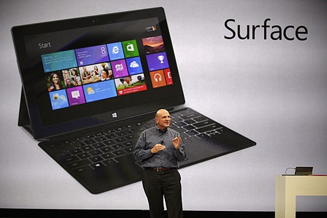 &lt;p&gt;Microsoft CEO Steve Ballmer unveils &quot;Surface&quot;, a new tablet computer to compete with Apple's iPad, at Hollywood's Milk Studios in Los Angeles Monday, June 18, 2012. The 9.3 millimeter thick tablet comes with a kickstand to hold it upright and keyboard that is part of the device's cover. It weighs under 1.5 pounds. (AP Photo/Damian Dovarganes)&lt;/p&gt;