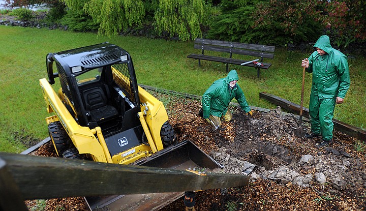 &lt;p&gt;Working in a downpour Wednesday, Rus Tindale and Clay Fischer of Flathead County Parks and Recreation dig out and remove the rotted base of a swingset at the Mission Village Overlook Park north of Kalispell. Depending on the weather, repairs should be completed today.&lt;/p&gt;