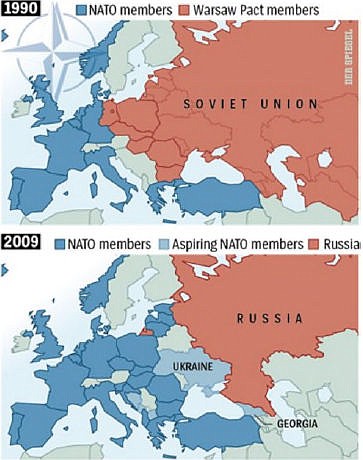 &lt;p&gt;Figure 1. NATO members (in blue). In red: 1990, the former Soviet Union; 2009, Russia.&lt;/p&gt;